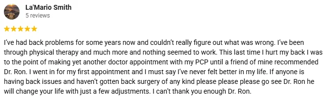Chiropractic Grand Junction CO Testimonial LaMario Smith A 5-star Google review for Redlands Chiropractic & Wellness Center citing life-changing pain relief