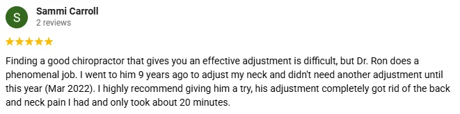 Chiropractic Grand Junction CO Testimonial Sammi Carroll A 5-star Google review for Redlands Chiropractic & Wellness Center praising the pain relief found through adjustment