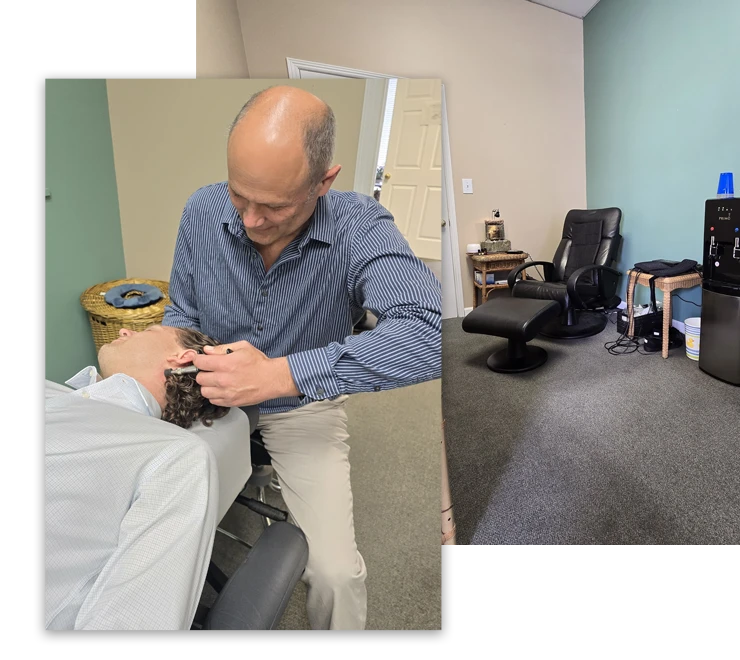 Dr. Ron Engler adjusting a patient's neck using an activator tool while the patient lays on an adjustment table