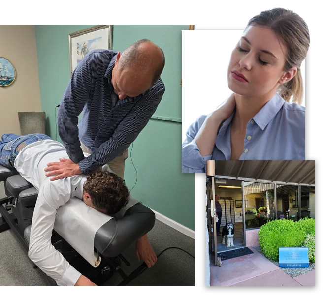 Dr. Ron Engler adjusting a patient's back while the patient lays face down on an adjustment table